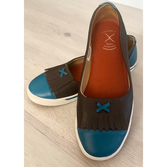 Twisted X Shoes - Twisted X Kiltie Fringe Leather Mary Jane SlipOn Brown Teal Women 10 Flat Shoes